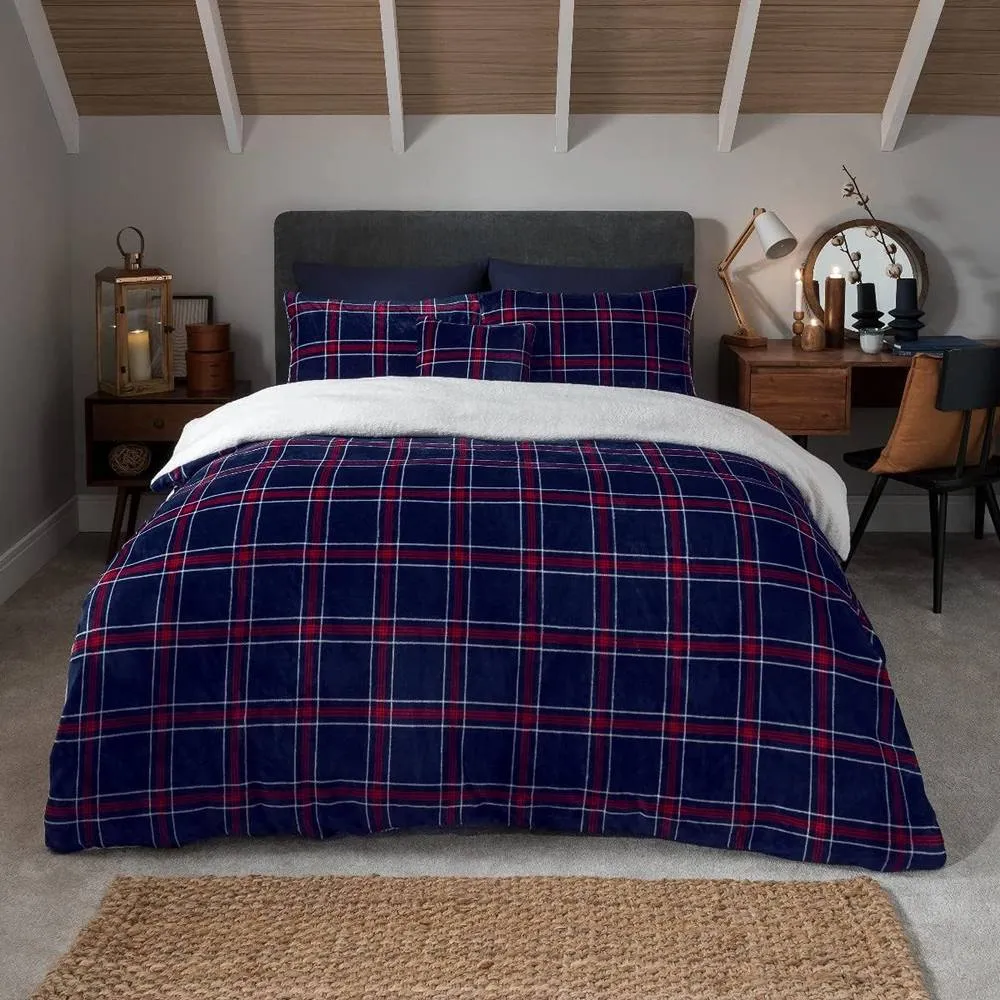 Smart Living Luxury Check Printed Flannel Fleece Duvet Cover with Pillowcases in Navy