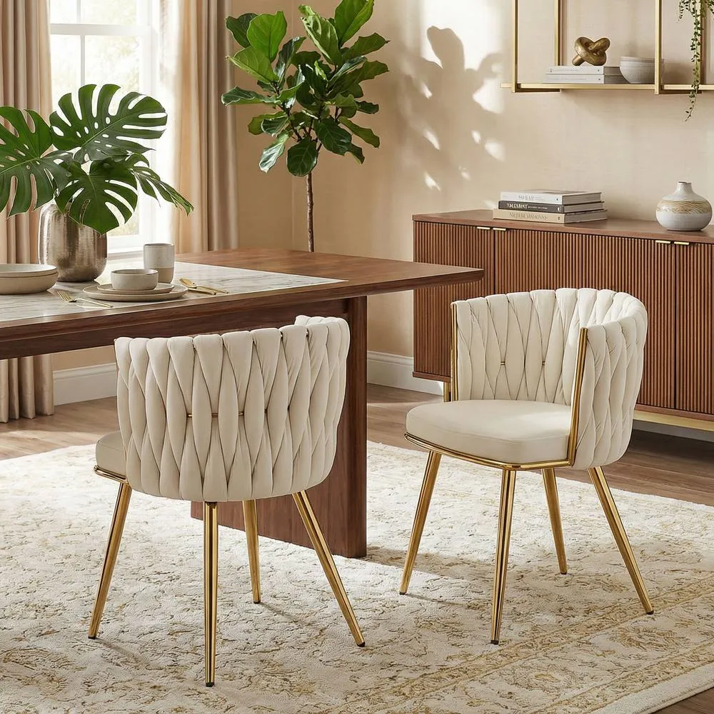 HOMCOM Upholstered Kitchen Chairs Set of 2 with Woven Backrest in Cream