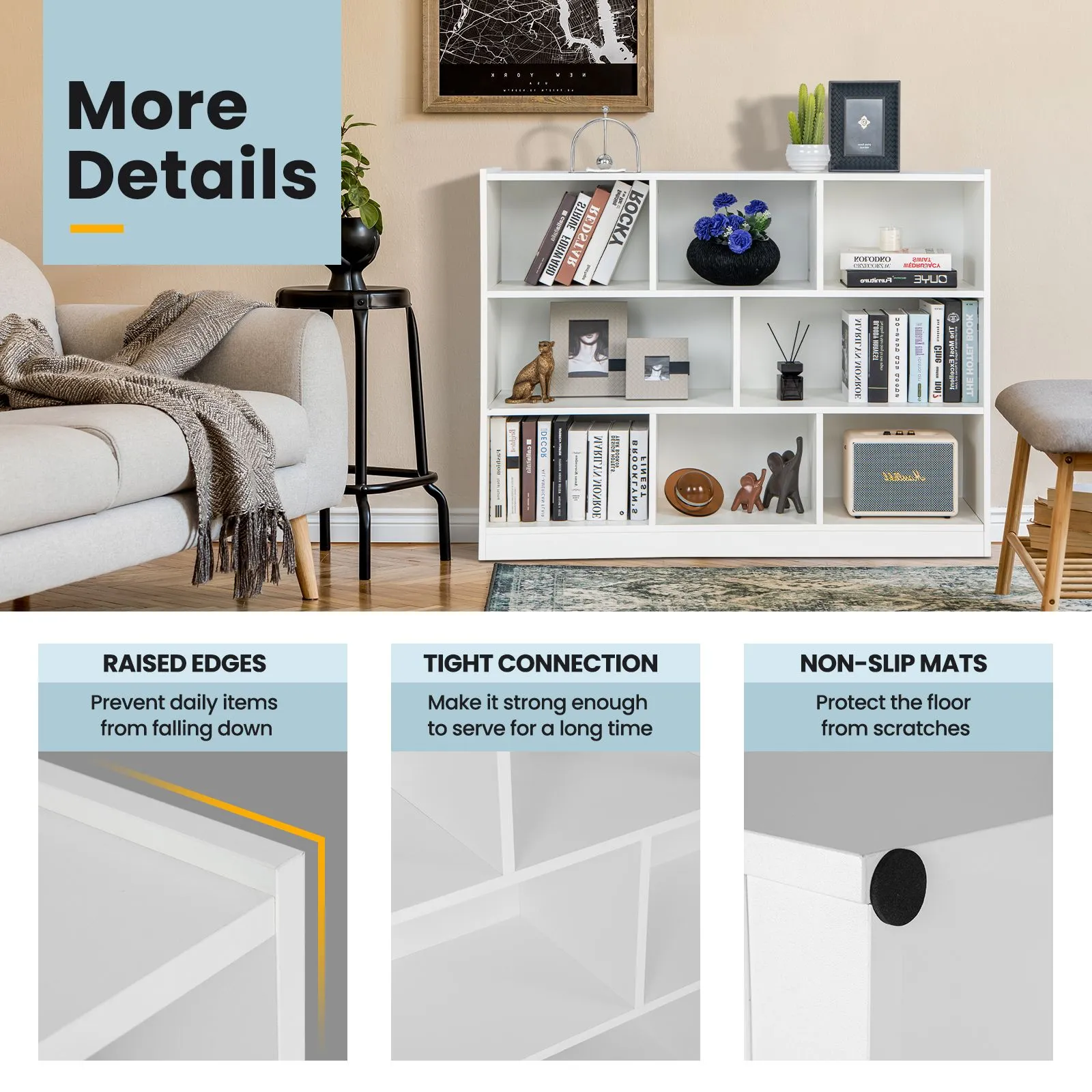 Costway 3-tier Open Bookcase Modern 8-Cube Bookshelf Wooden Storage Display Cabinet in White 5