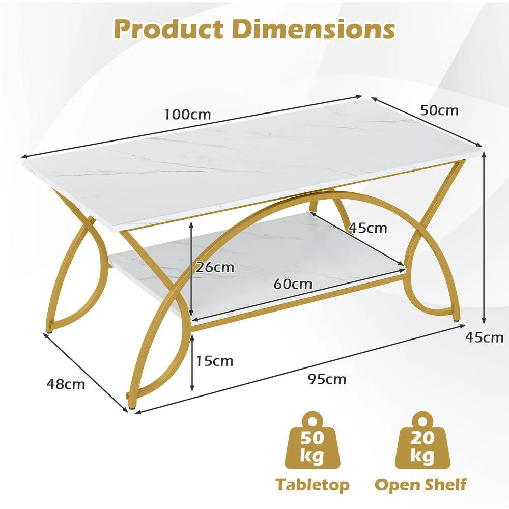 Costway 2-Tier Faux Marble Coffee Table Modern Cocktail Center Table w/ Shelf in White 2