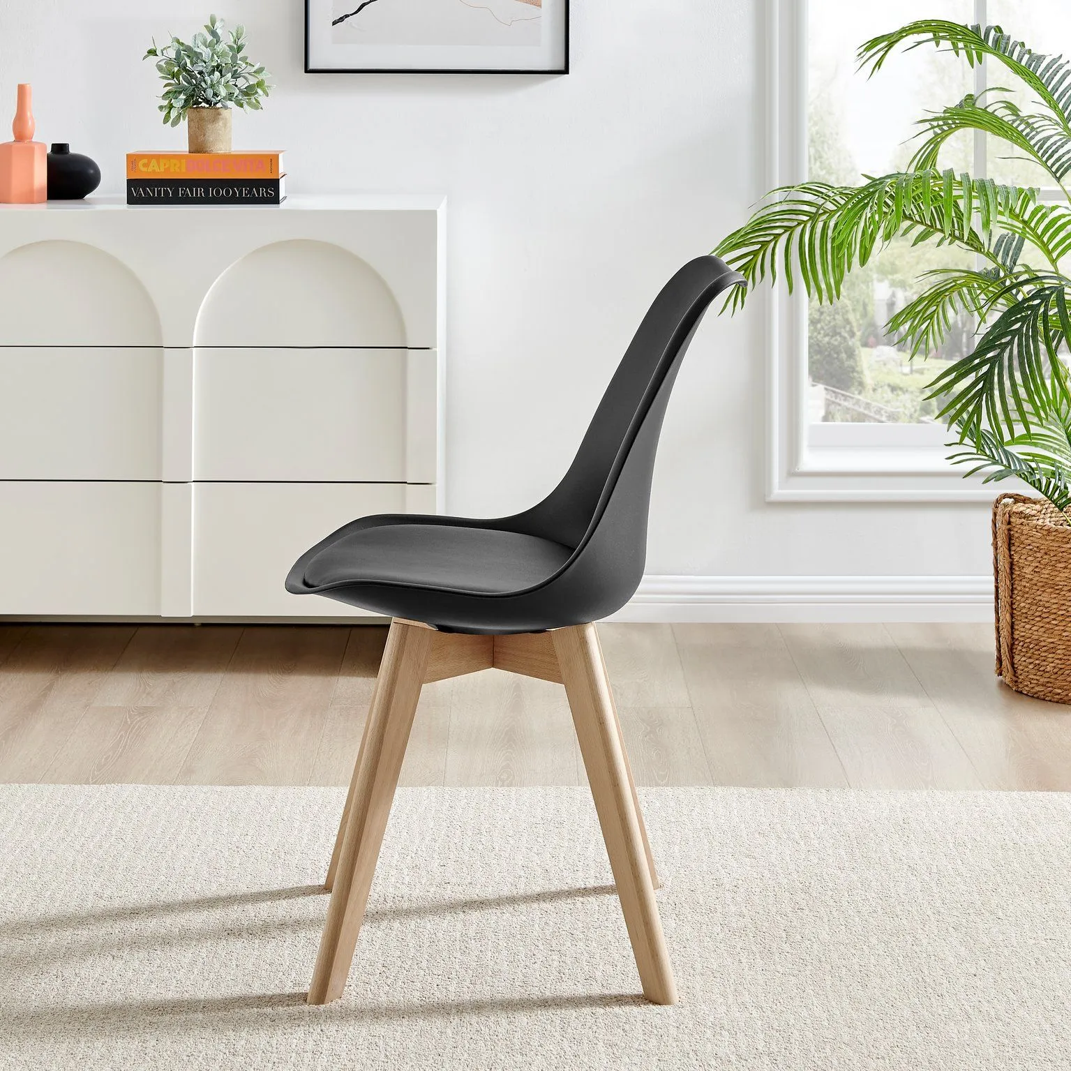 FurnitureboxUK Set of 2 Stockholm Natural Birch Wood Scandi Minimalist Dining Chairs with Faux Leather Cushion in Black 4