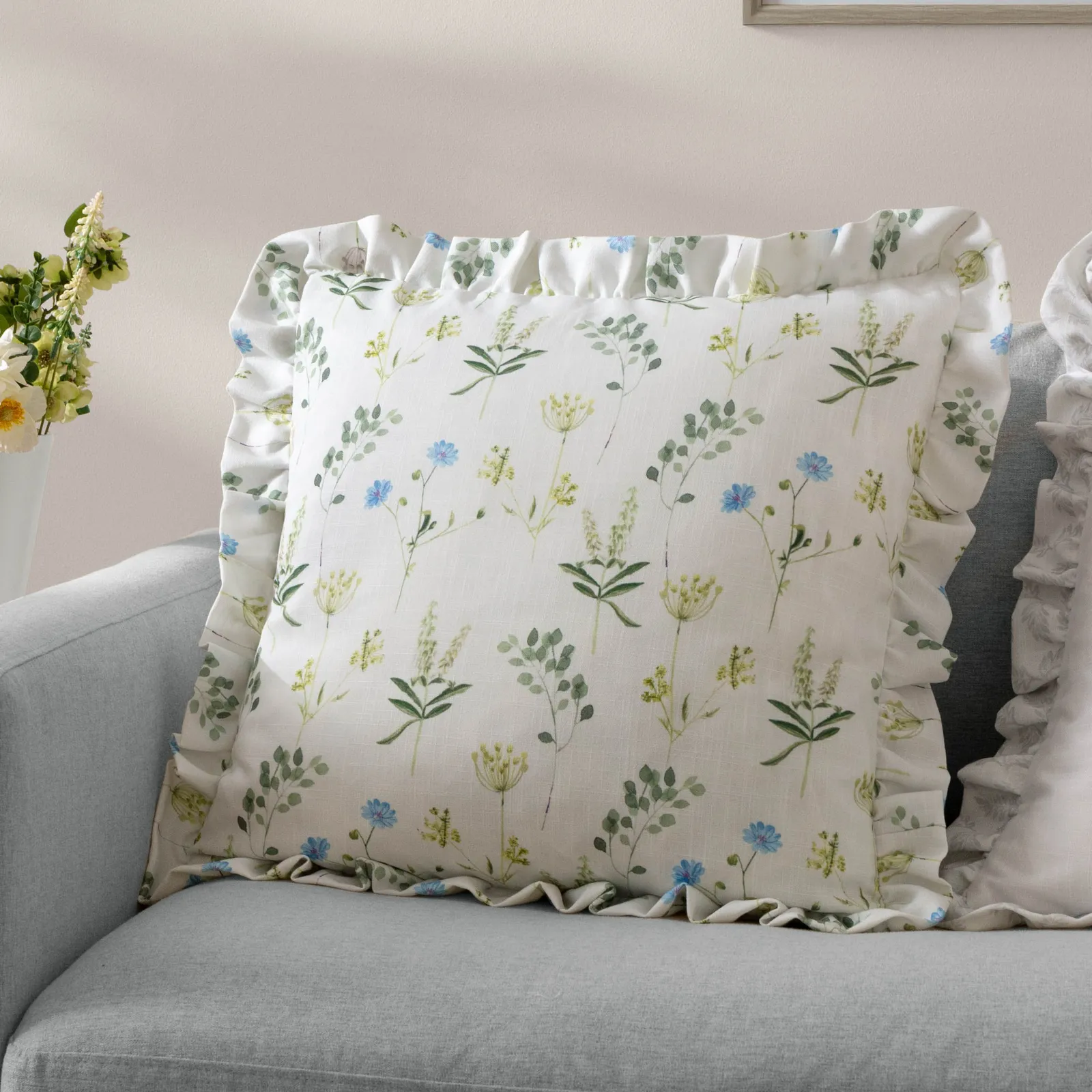 Wylder Meadow Ruffle Floral Cushion in Blue