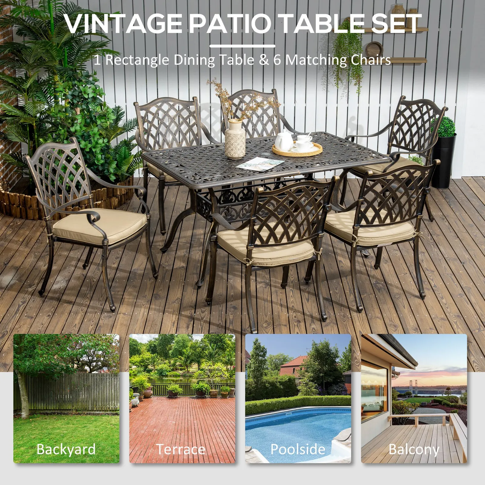 OUTSUNNY 7-PC Cast Aluminum Patio Dining Set w/ Umbrella Hole & Cushion in Bronze 6