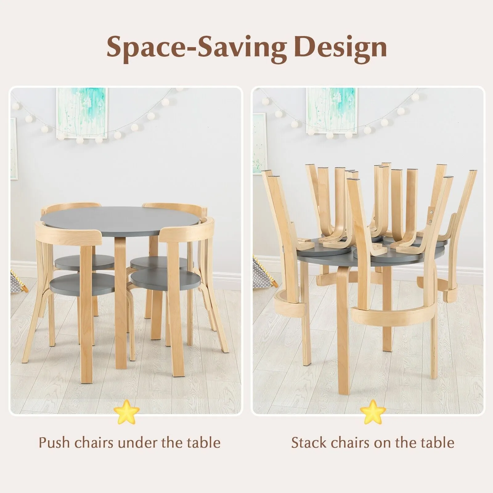 Costway 5-Piece Table & Chair Set Wooden Activity Table 4 Curved Chairs in Grey 4