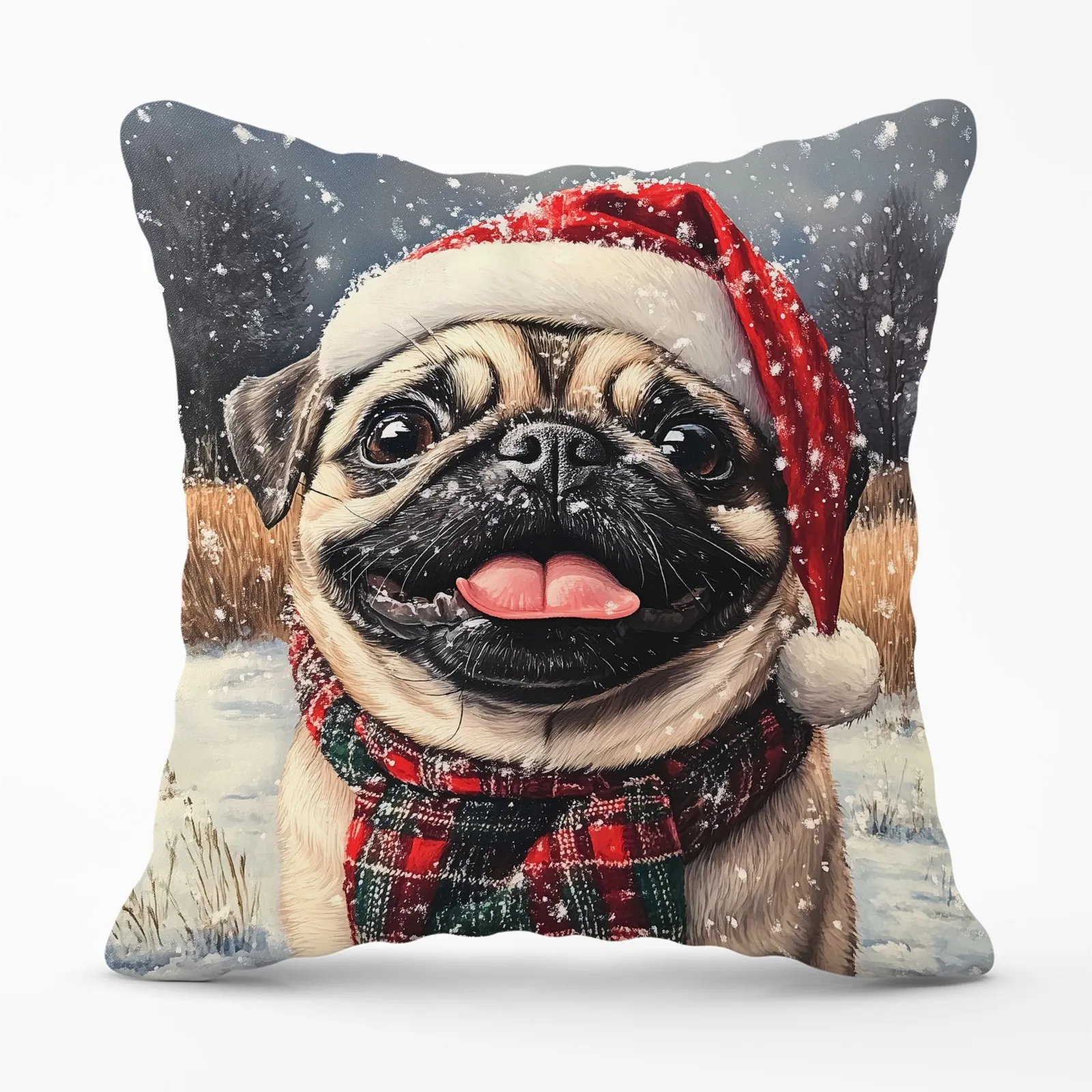 Warren Reed - Designer Christmas Pug Cushion in Brown