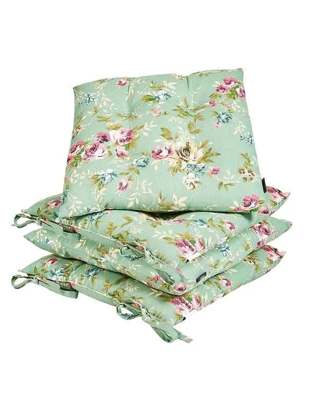 Dibor Set of 4 Floral Green Summer Outdoor Garden Chair Seat Pad Cushions W40 x L40cm