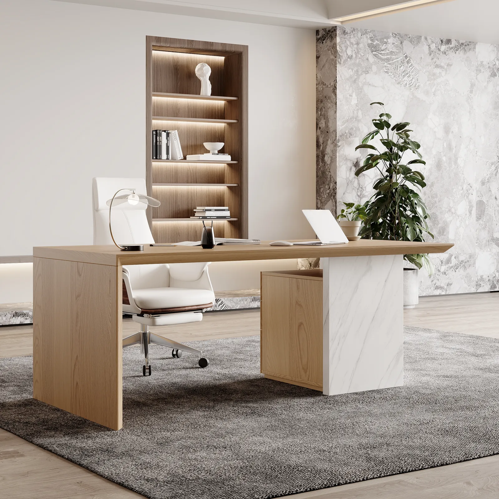 Modern White & Natural Wooden Home Office Desk with Movable File Cabinet Office Furniture (150 cm)