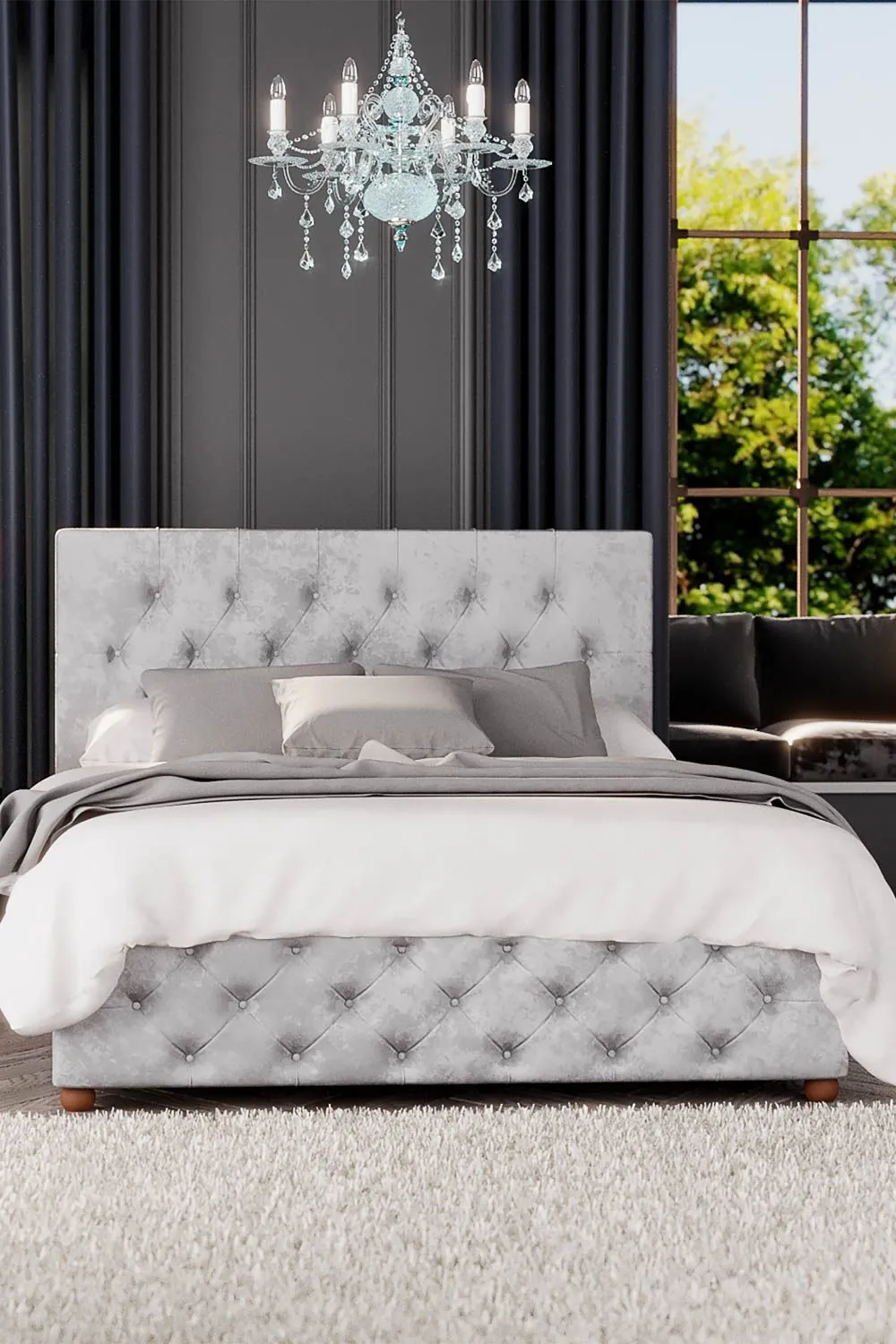 Laurence Llewelyn-Bowen Luna Ottoman Storage Bed in Mirazzi Velvet Fabric, Custom Made in Silver