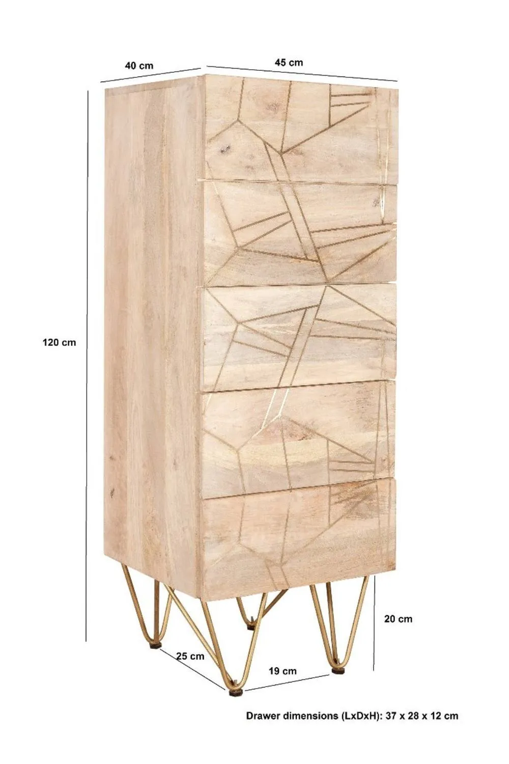 IH Design Silchester Tall Chest of Drawers Light Mango Gold 5 Drawer in Brown 5