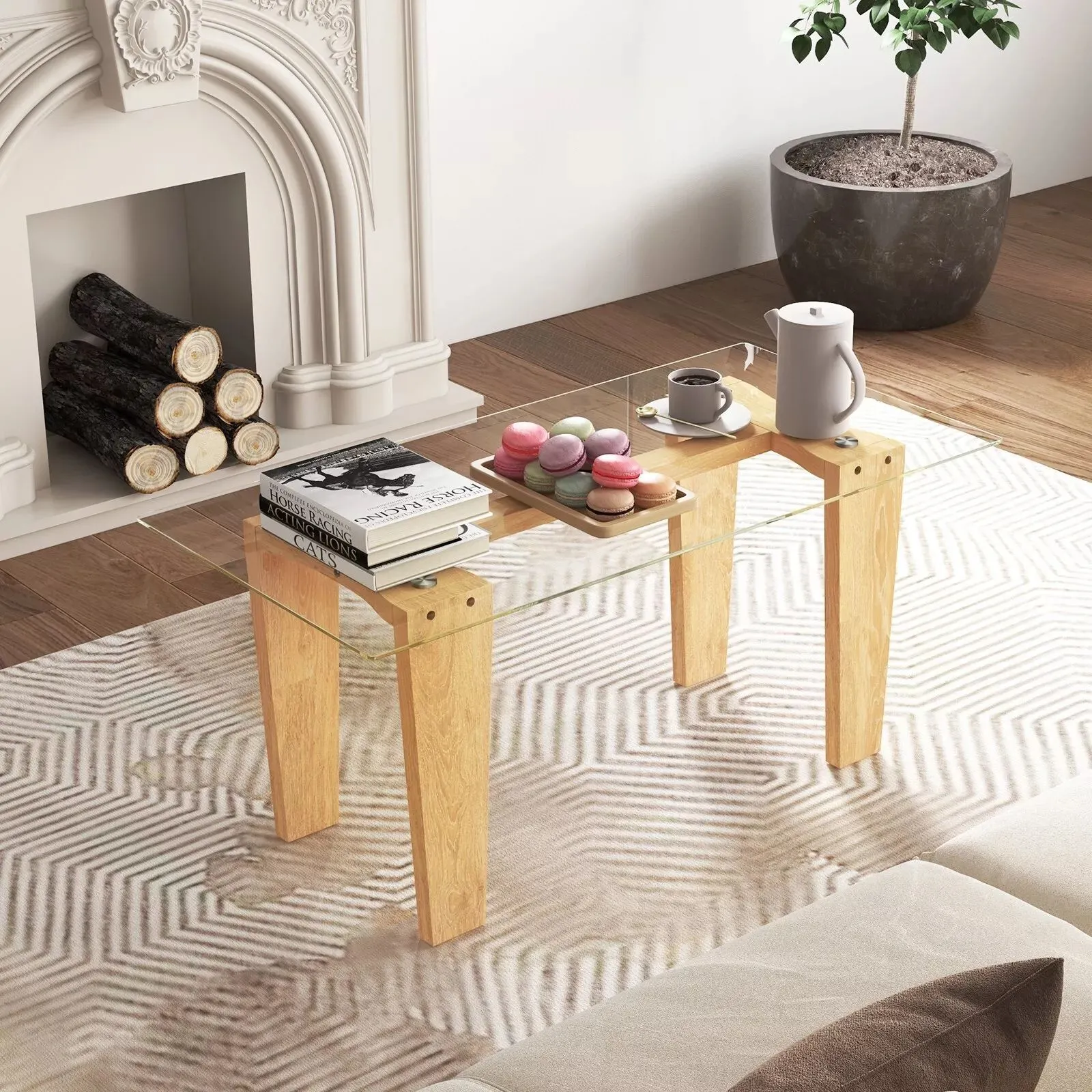 Costway Rectangle Coffee Table Modern Tempered Glass Top Accent Table Sofa Center Table in Natural 5
