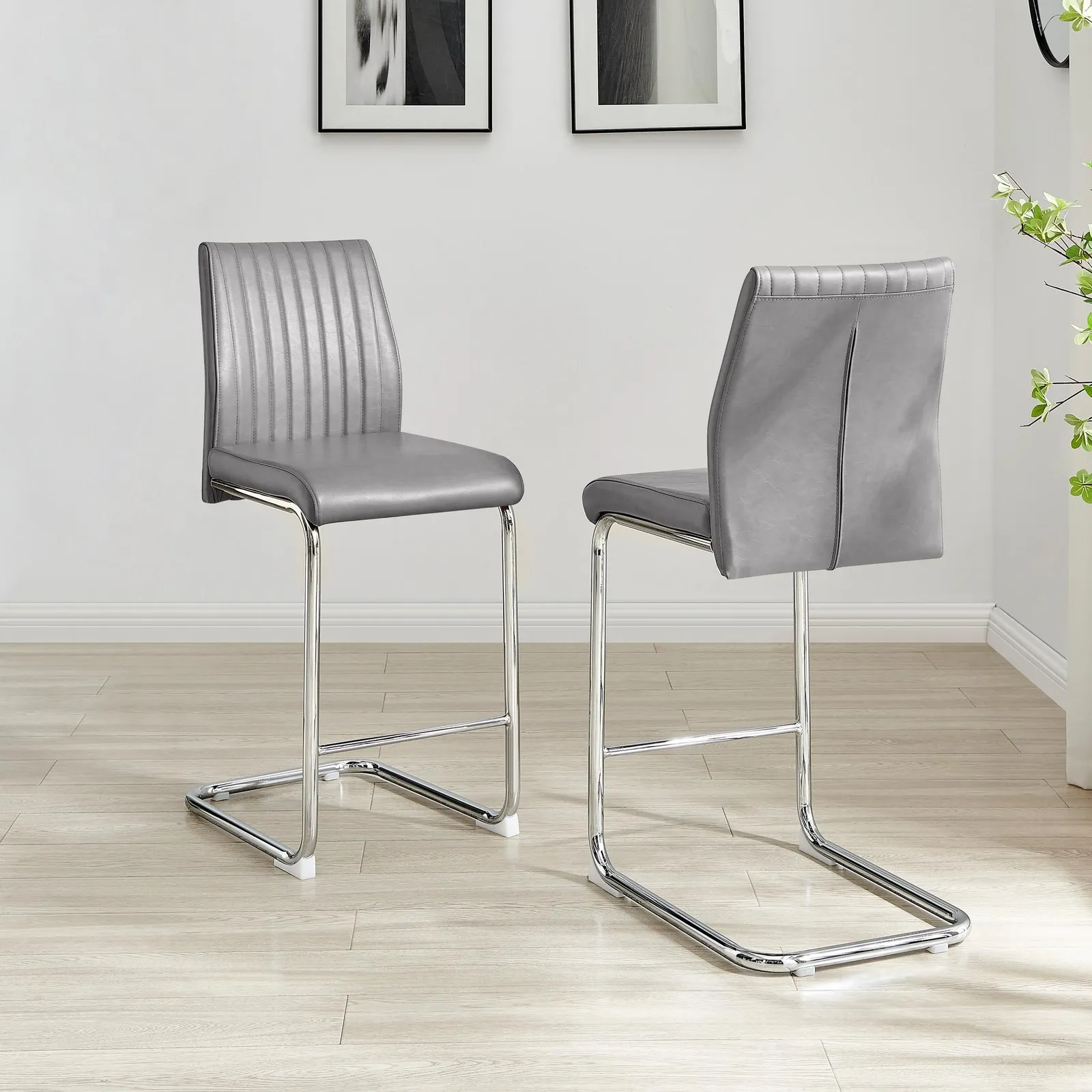 FurnitureboxUK Lorenzo 2x Faux Leather & Silver Counter Stools in Grey 3