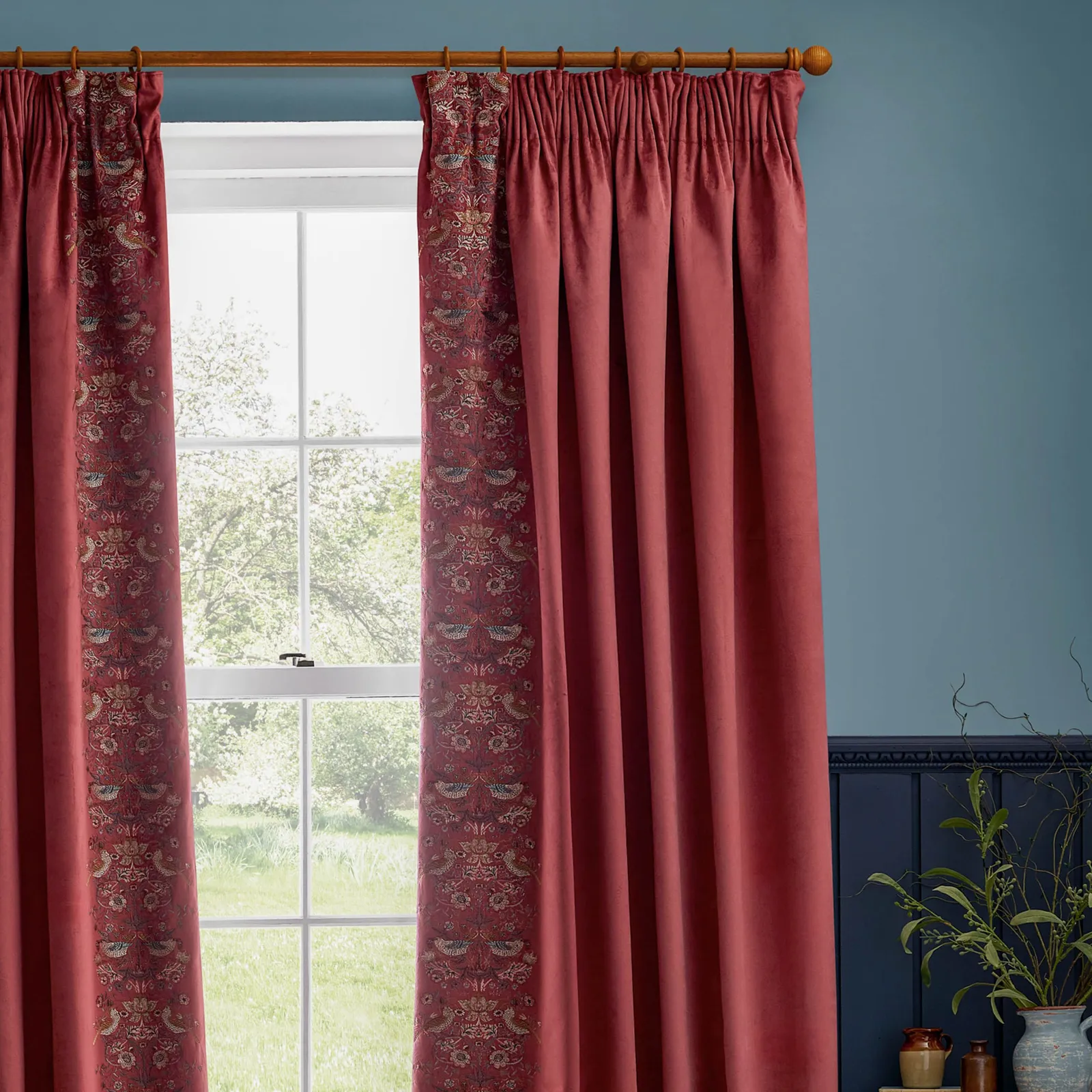 Morris & Co Strawberry Thief Embroidered Velvet Room Darkening Pencil Pleat Curtain Pair in Red 3