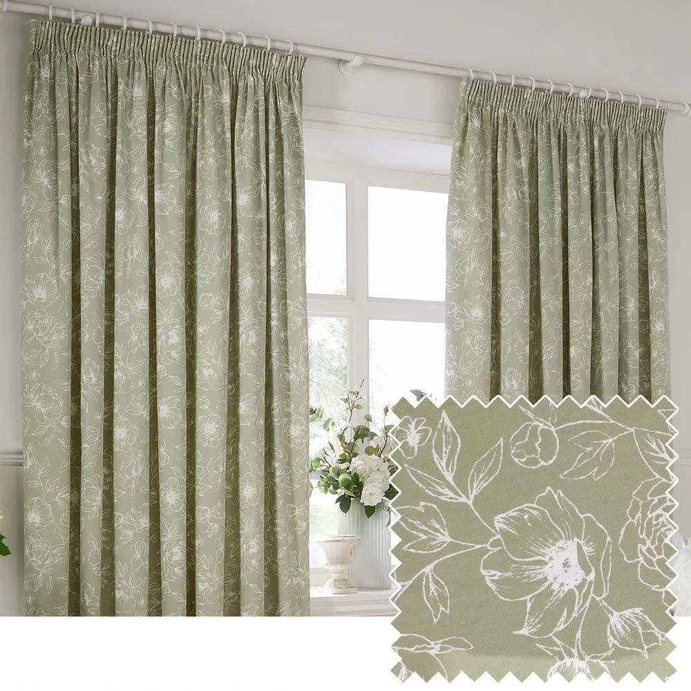Wylder Bella Floral 100% Cotton Pencil Pleat Curtain Pair in Green 1