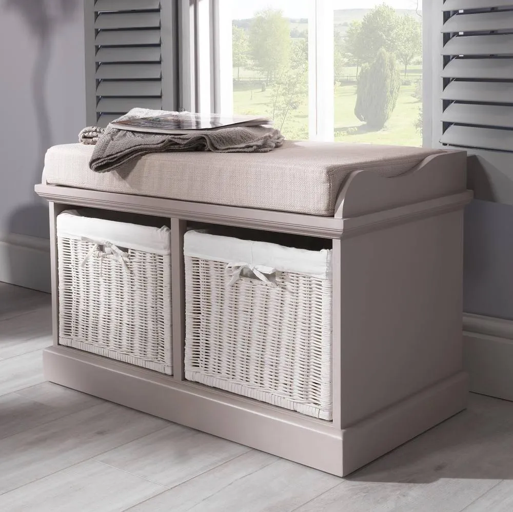 Statement Furniture Tetbury Bench with 2 White Wicker Baskets & Cream Cushion in Taupe
