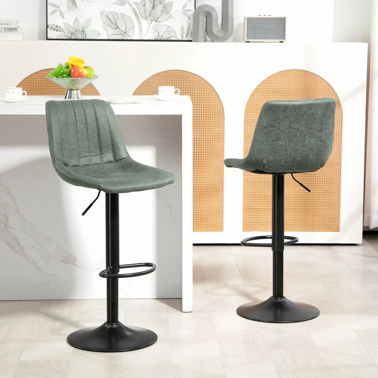HOMCOM Adjustable Bar Stools Set of 2 Counter Height Barstools Dining Chairs 360° Swivel with Footrest for Home Pub in Green