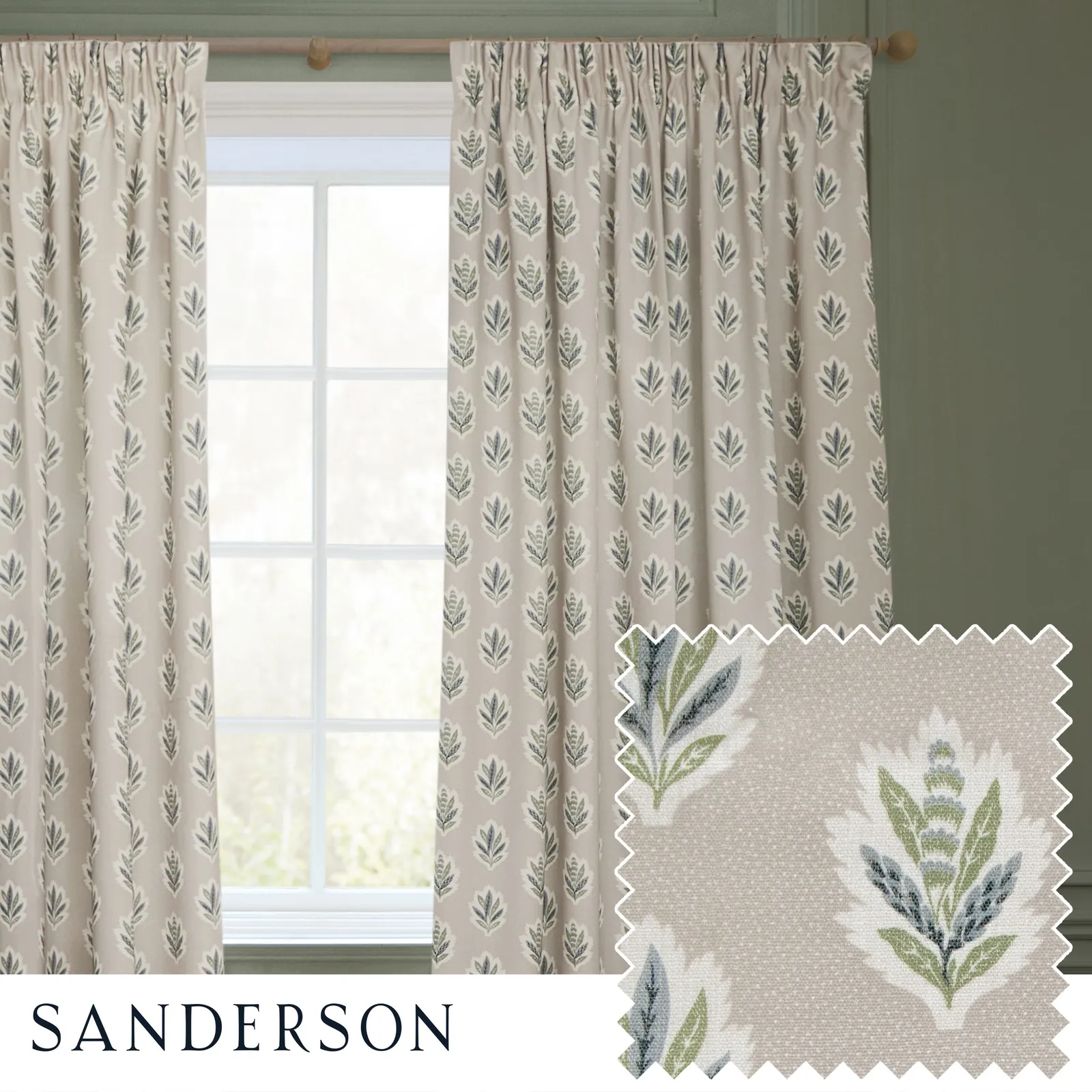 Sanderson Sessile Leaf Printed Room Darkening Pencil Pleat Curtains in Light Blue