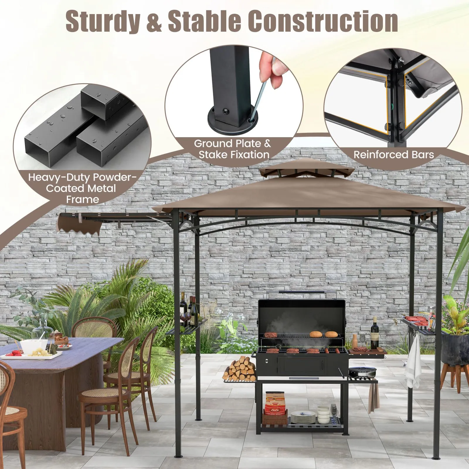 Costway 318x153cm Grill Gazebo Outdoor Barbecue Canopy Tent w/Side Awning in Brown 3