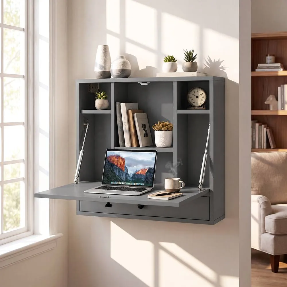 Costway Wall Mounted Fold Down Desk Computer Workstation w/ Drawer in Grey 5