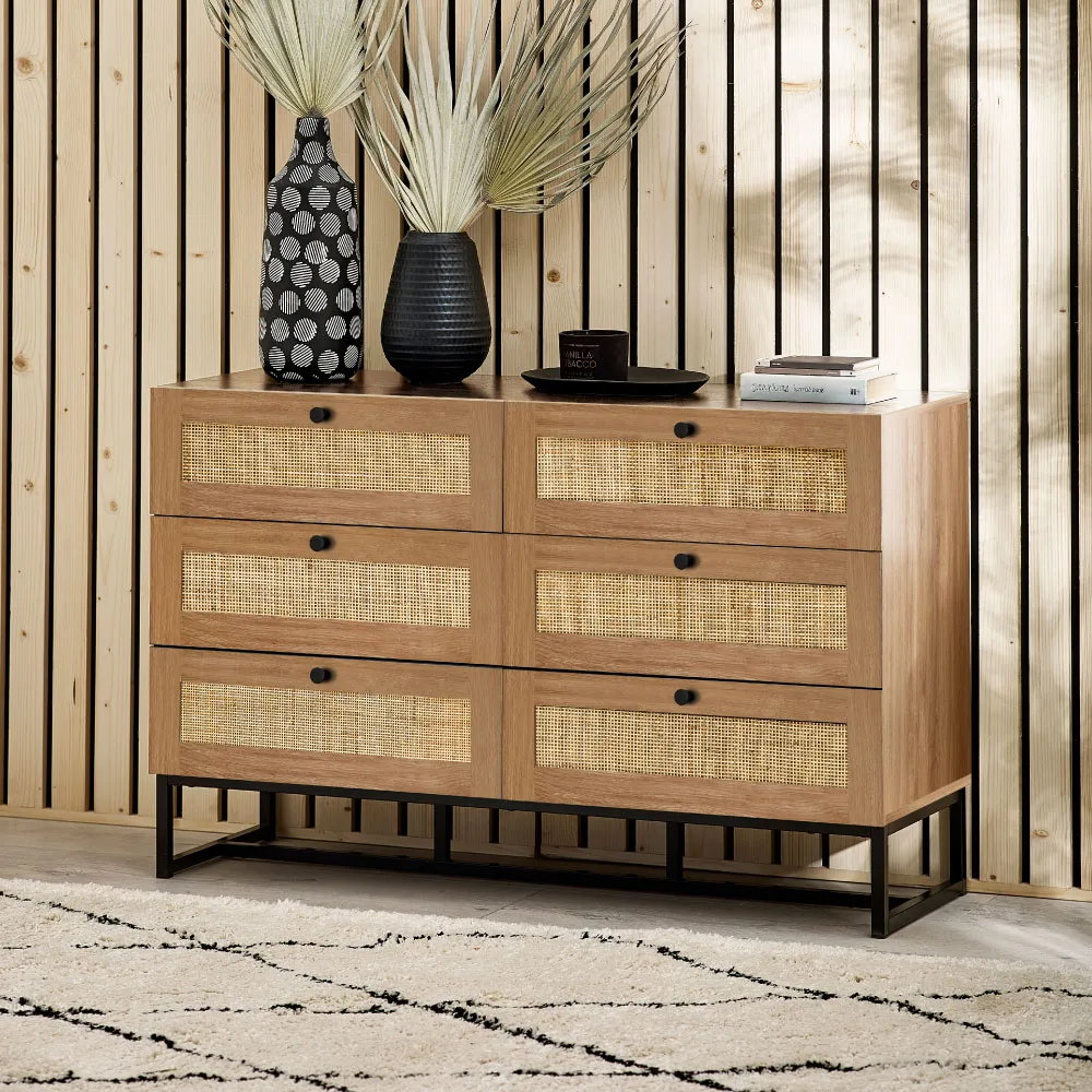Padstow - 6 Drawer Chest - Oak - Wooden/Rattan - Happy Beds 1