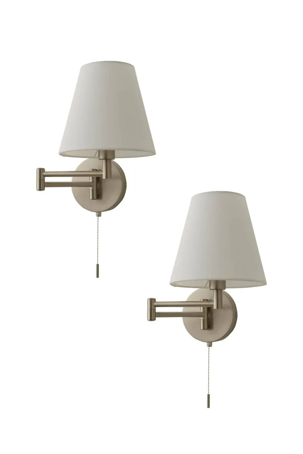 ValueLights Sonia Pair of Adjustable Swing Arm Wall Lights with Taper Linen Shades in Metallic Silver 1