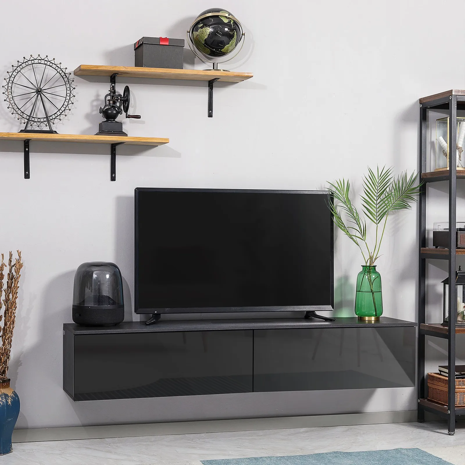 HOMCOM Wall Mounted TV Stand Unit with Storage & High Gloss Effect, Black in Grey