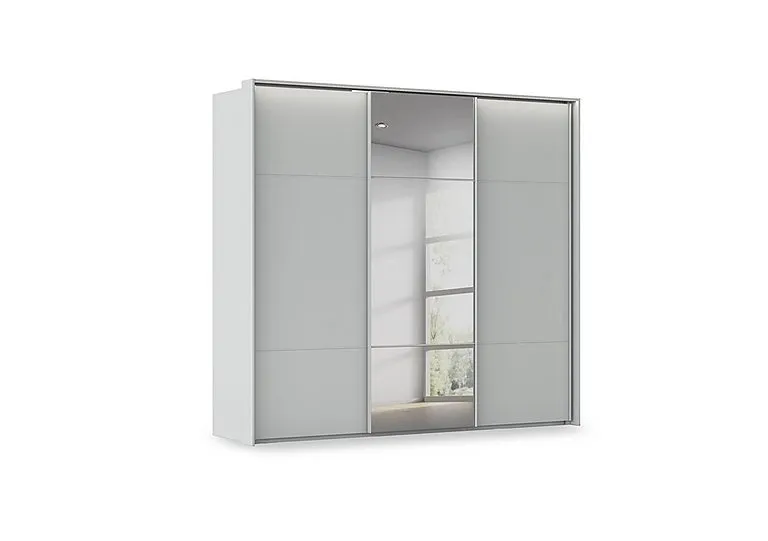 Haven 250cm 3 Door Slider Wardrobe with 2 Décor Doors, 1 Mirror Door and Lights - Silk Grey/Silk Grey Front