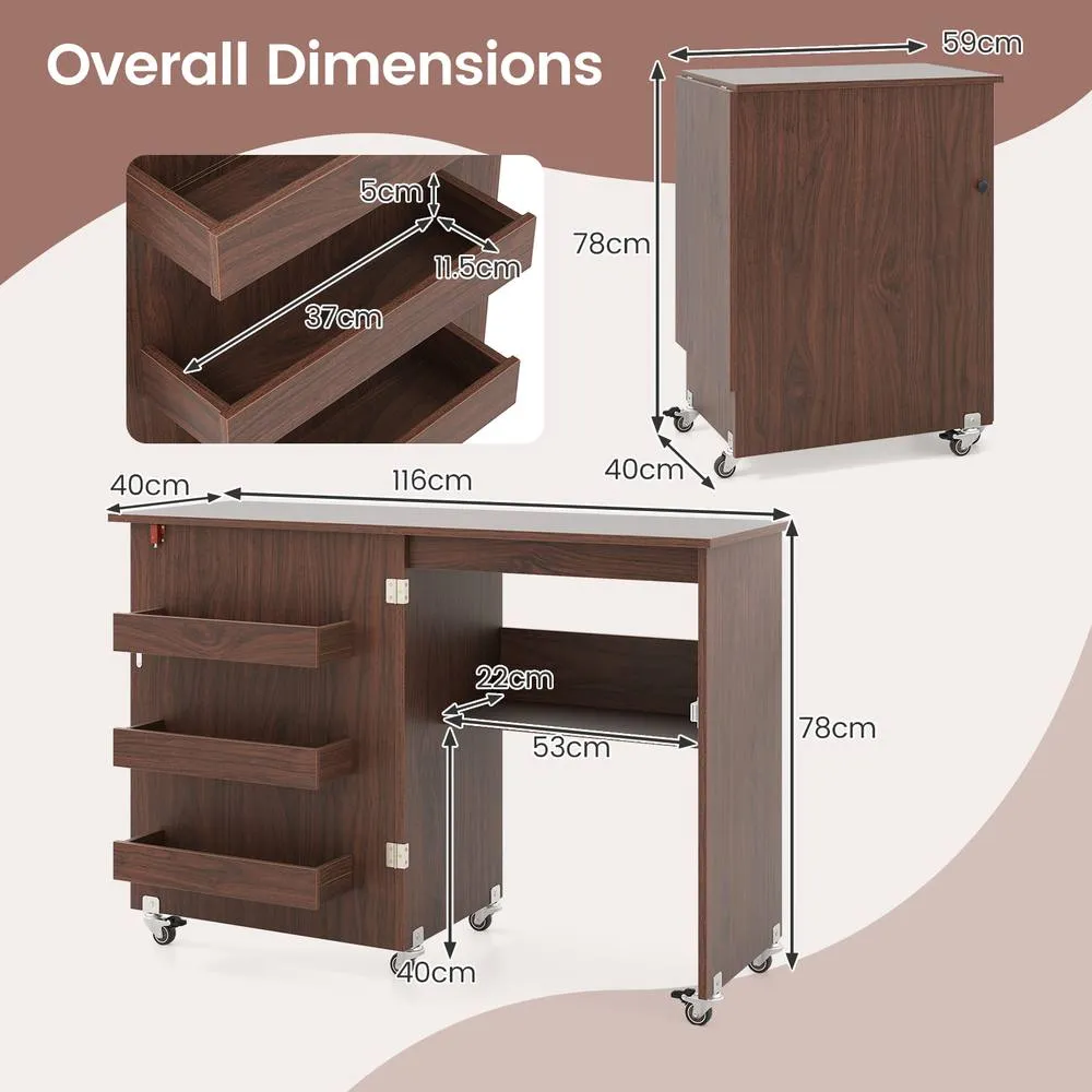 Costway Folding Sewing Table Craft Station w/ Storage Shelf 3 Hidden Bins in Brown 2