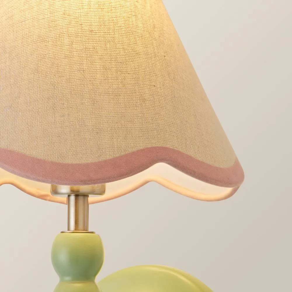 ValueLights Bobbins Sage Green Bobble Wall Light & Linen Pastel Trim Lamp Shade in Pale Pink 5