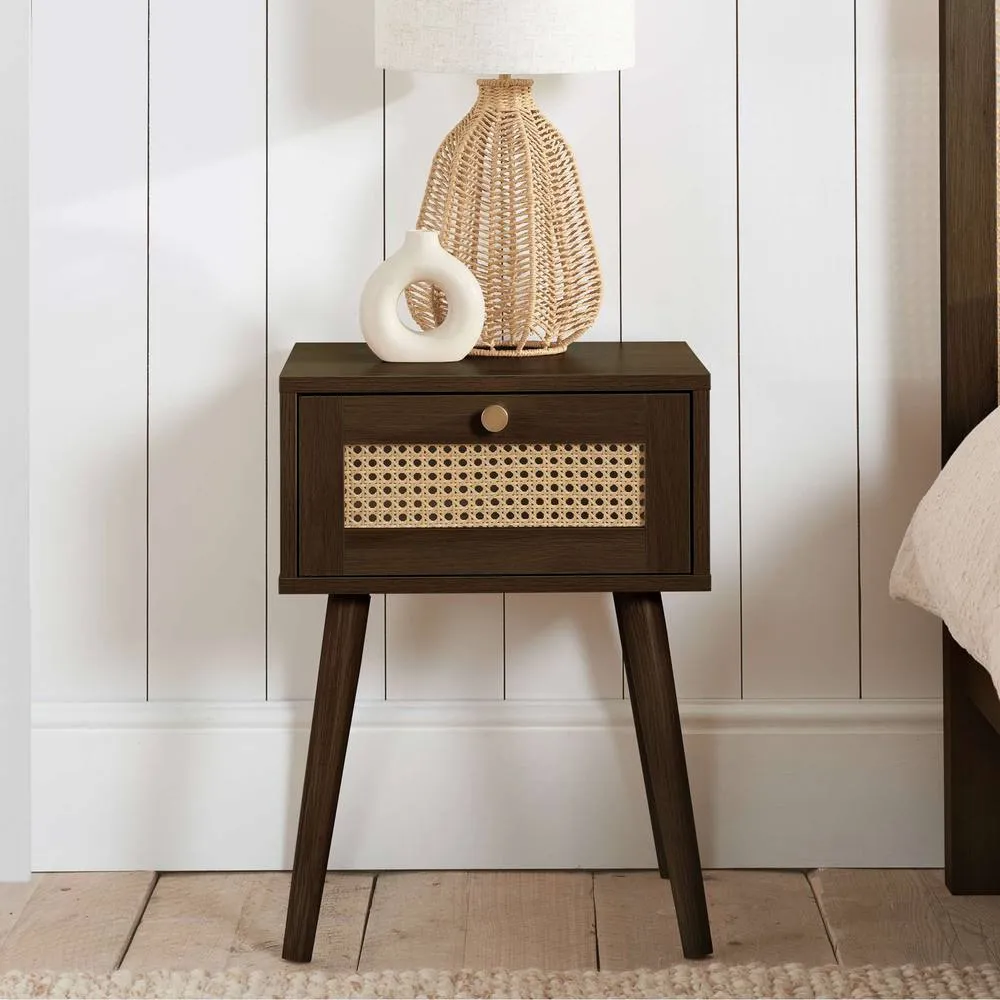 Birlea Bedside 1 Drawer Cabinet Walnut Rattan Croxley Side Table