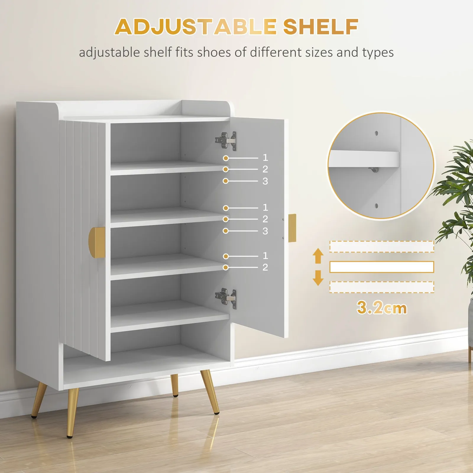 HOMCOM Modern Hallway Shoe Cupboard with Adjustable Shelves for Entryway in White 6