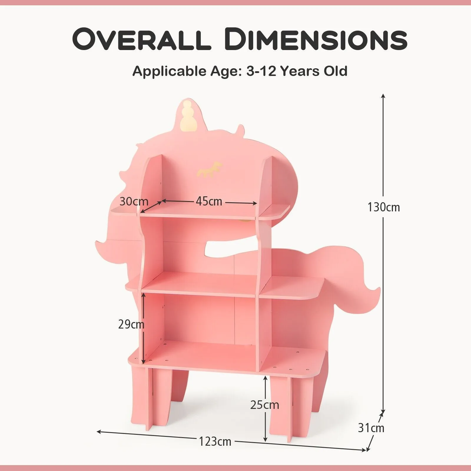 Costway Unicorn Bookcase 3-Tier Toy Storage Organizer Wooden Bookshelf in Pink 2