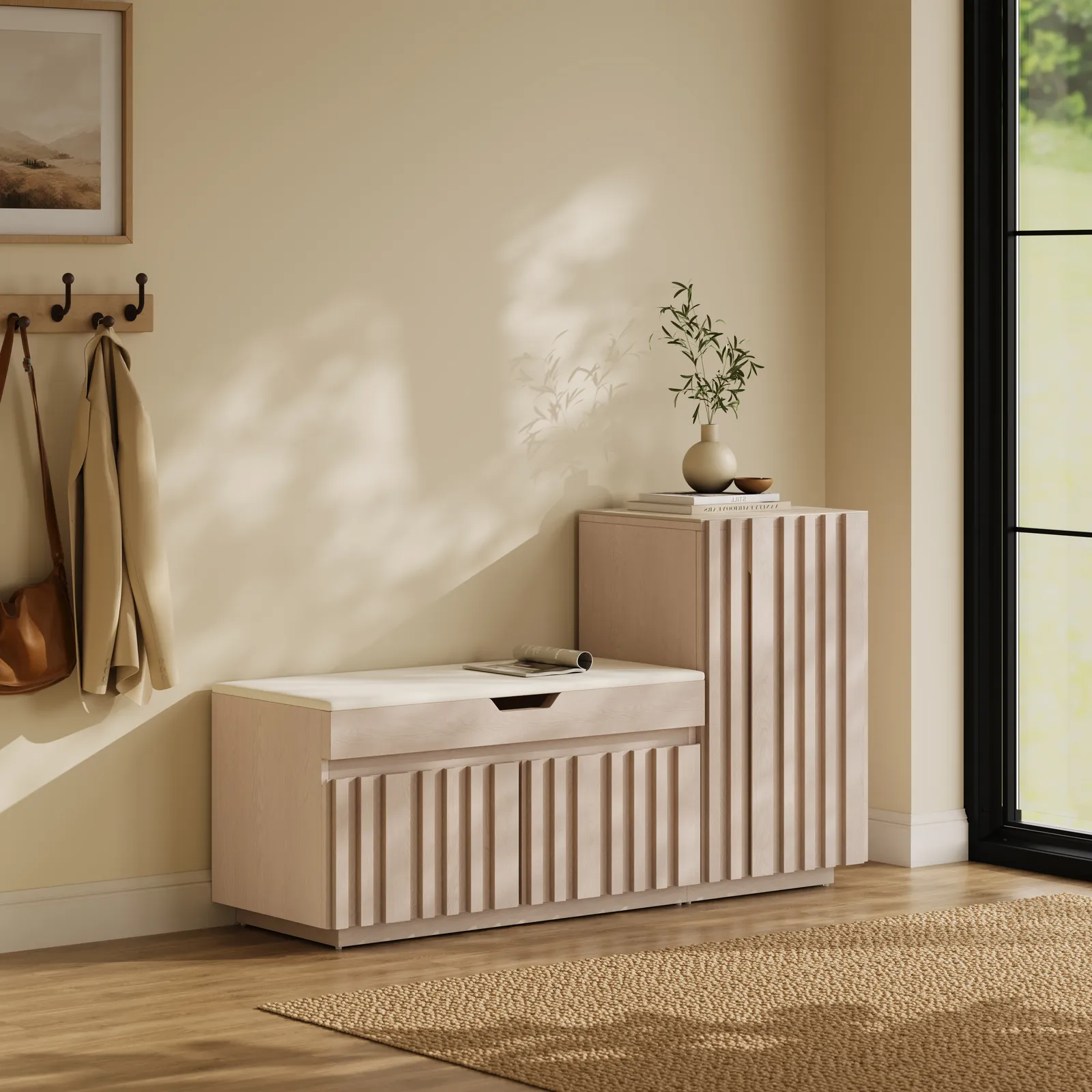 Aura 47” Wooden Shoe Storage Bench with Right-Side Cabinet for Entryway