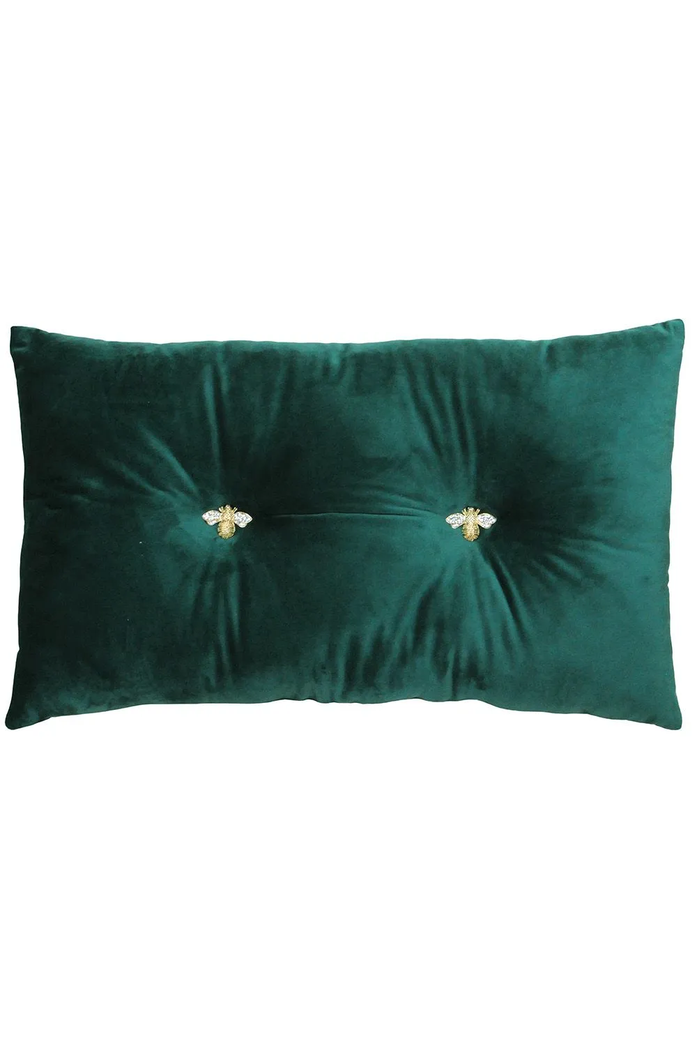 Paoletti Bumble Bee Embroidered Buttoned Velvet Ready Filled Cushion in Emerald 1