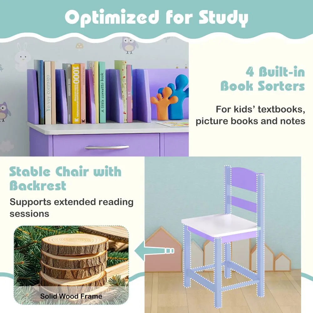 Costway Kid's Study Desk & Chair Set Wooden Activity Table w/ Wide Desktop in Purple 6