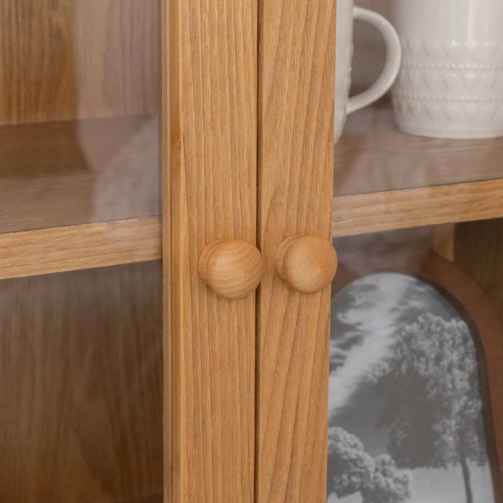 Melody Maison Large Curved Pale Wood Glass Fronted Display Cabinet - Austin Wood Range in Brown 5