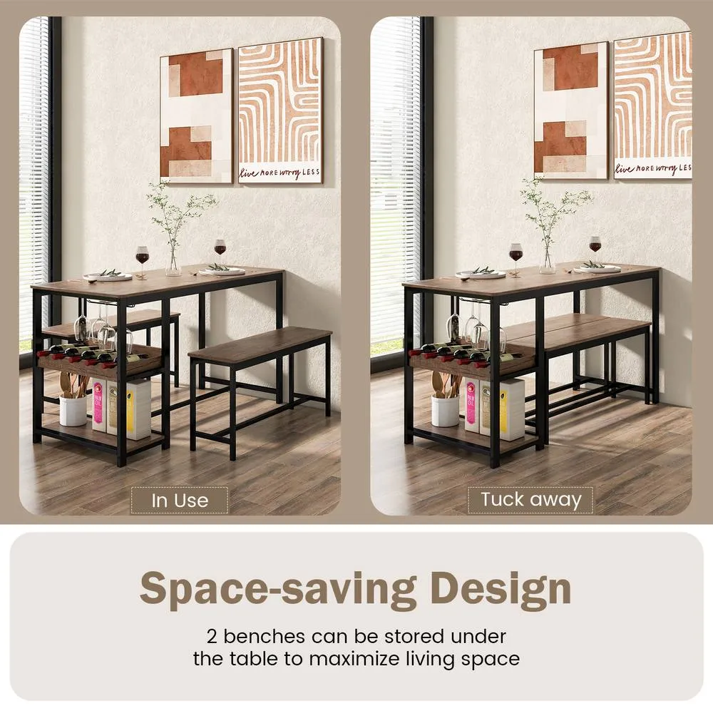 Costway 3 PCS Dining Table Set for 4 Dining Table & 2 Benches W/ Glass Holder in Brown 2