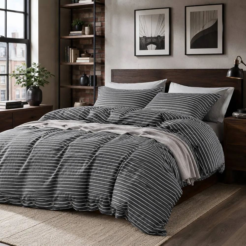 Grace Pinstripe Elegant Duvet Cover Set Ultrasoft Reversible Bedding Sets in Charcoal
