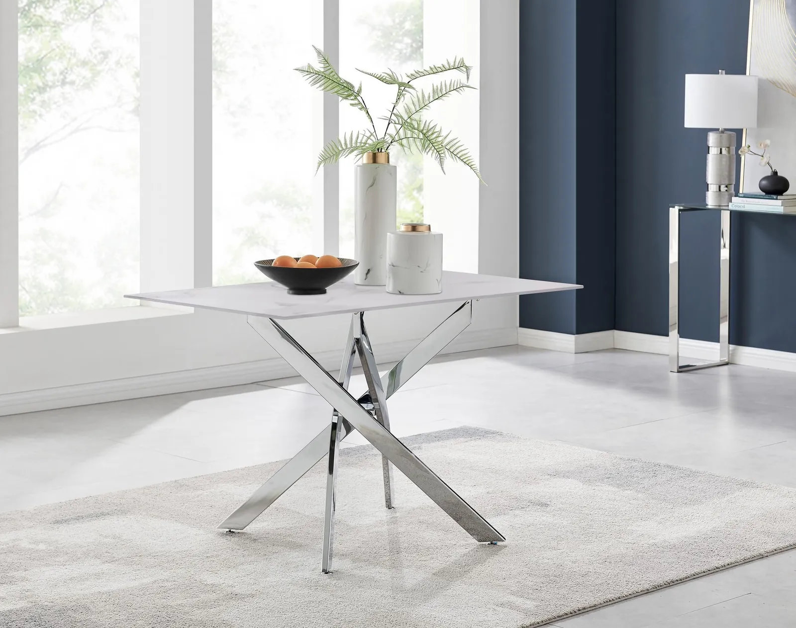 FurnitureboxUK Leonardo White Glass Marble Effect Silver Leg Table & 4 Lorenzo Chairs in Mustard 2