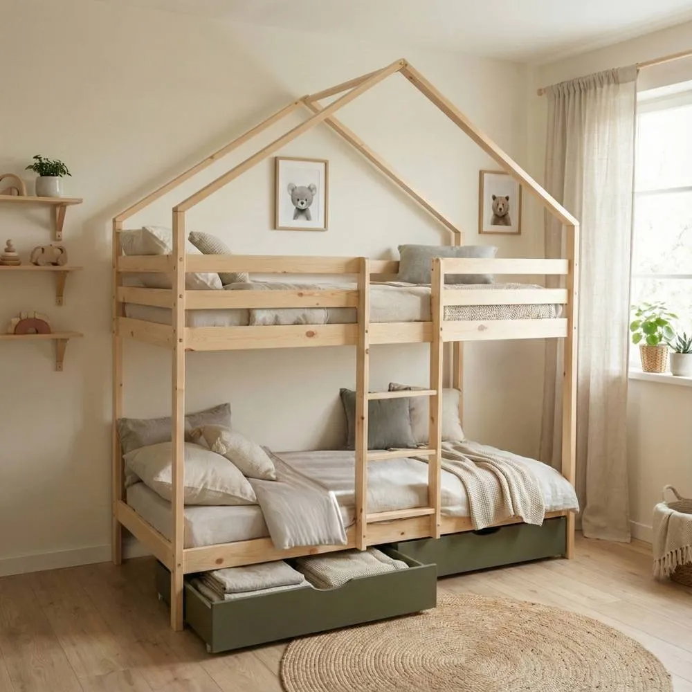 sweeek Children's bunk bed cabin 90 x 190 cm natural pine with storage in Green