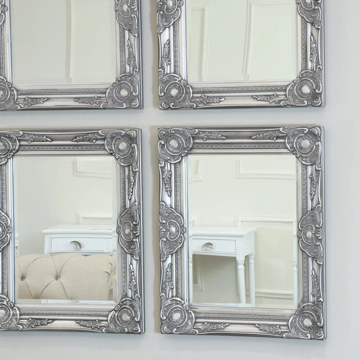 Melody Maison Set Of 4 Ornate Silver Wall Mirrors With Bevelled Glass in Metallic Silver 2