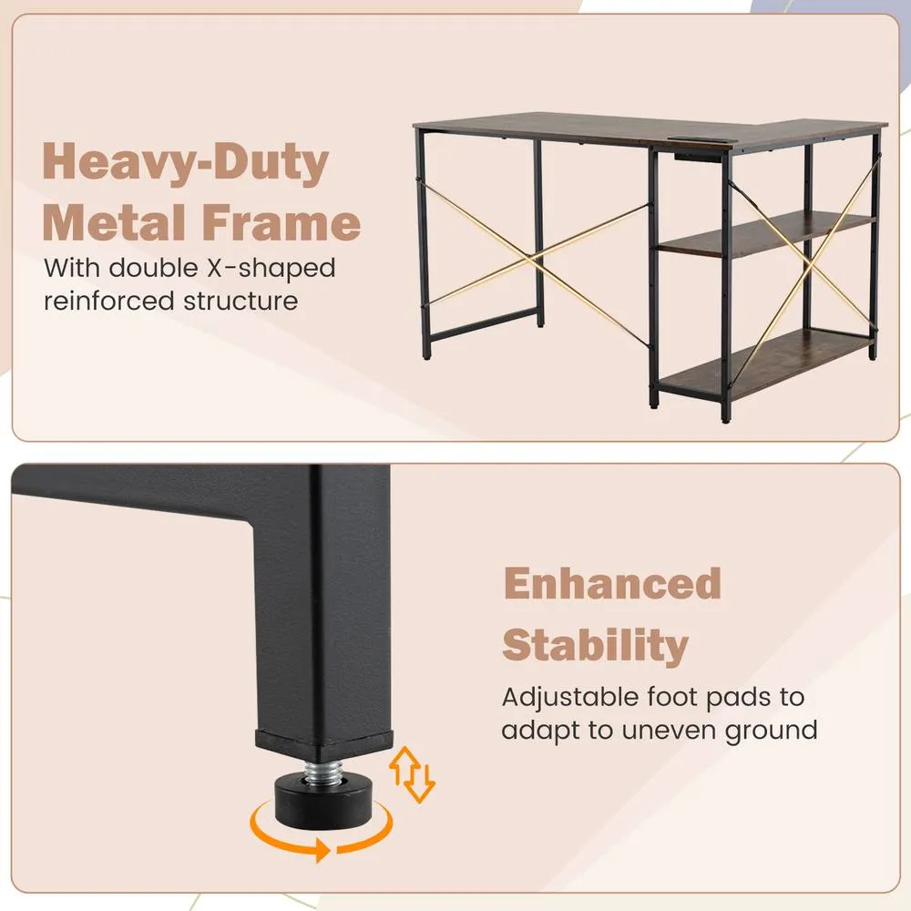 Costway L-shaped Computer Desk w/Power Outlet Workstation w/Reversible Shelves in Brown 5