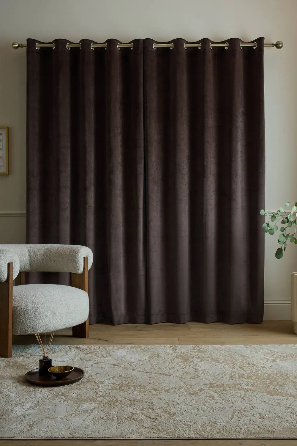 Catherine Lansfield 'Super Thermal Blackout Matt Velour' Eyelet Curtains in Chocolate 2