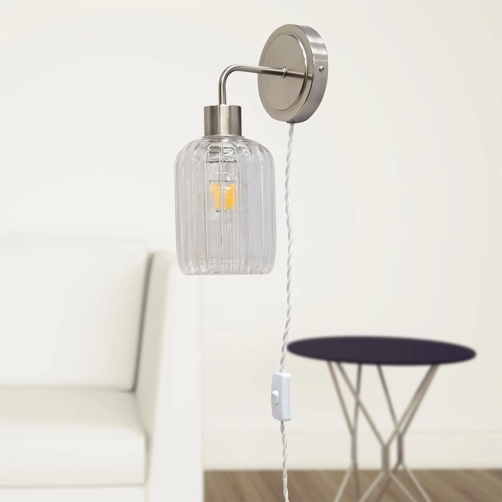 First Choice Lighting Set of 2 Toby - Satin Nickel Plug in Wall Lights Ribbed Glass Shades in Silver 5