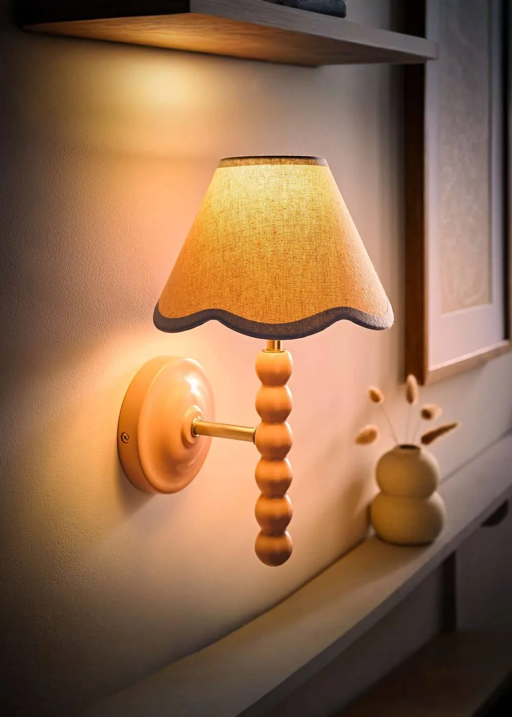 ValueLights Bobbins Rose Pink Bobble Wall Light & Linen Pastel Trim Lamp Shade in Pale Blue 2