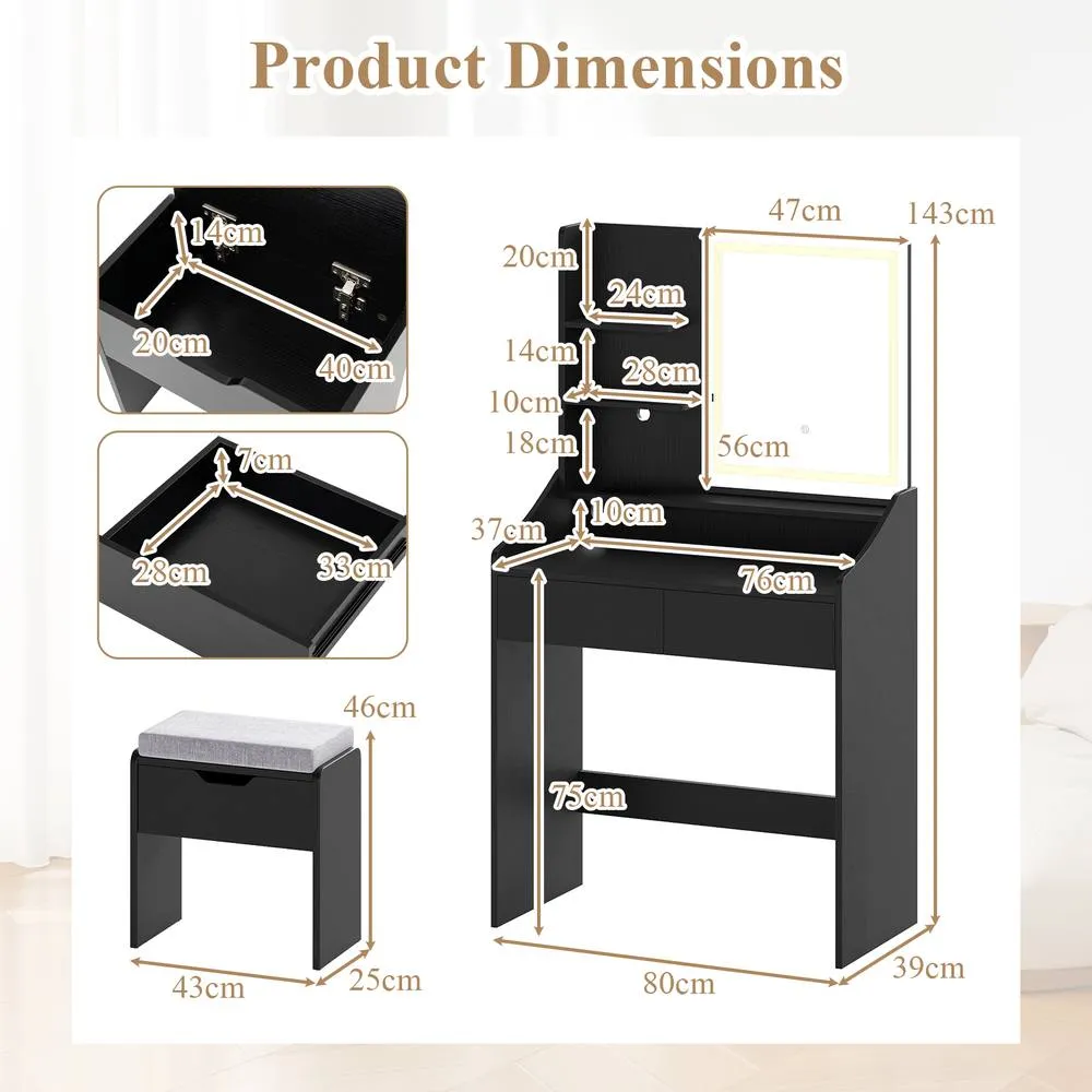 Costway Wooden Vanity Desk Set w/ Mirror & Lights Makeup Table w/Storage Stool in Black 2