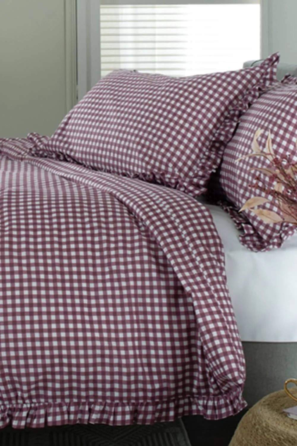 The Lyndon Company Gingham Frilled Cotton Duvet Set Printed with Frill Detailing in Burgundy 2