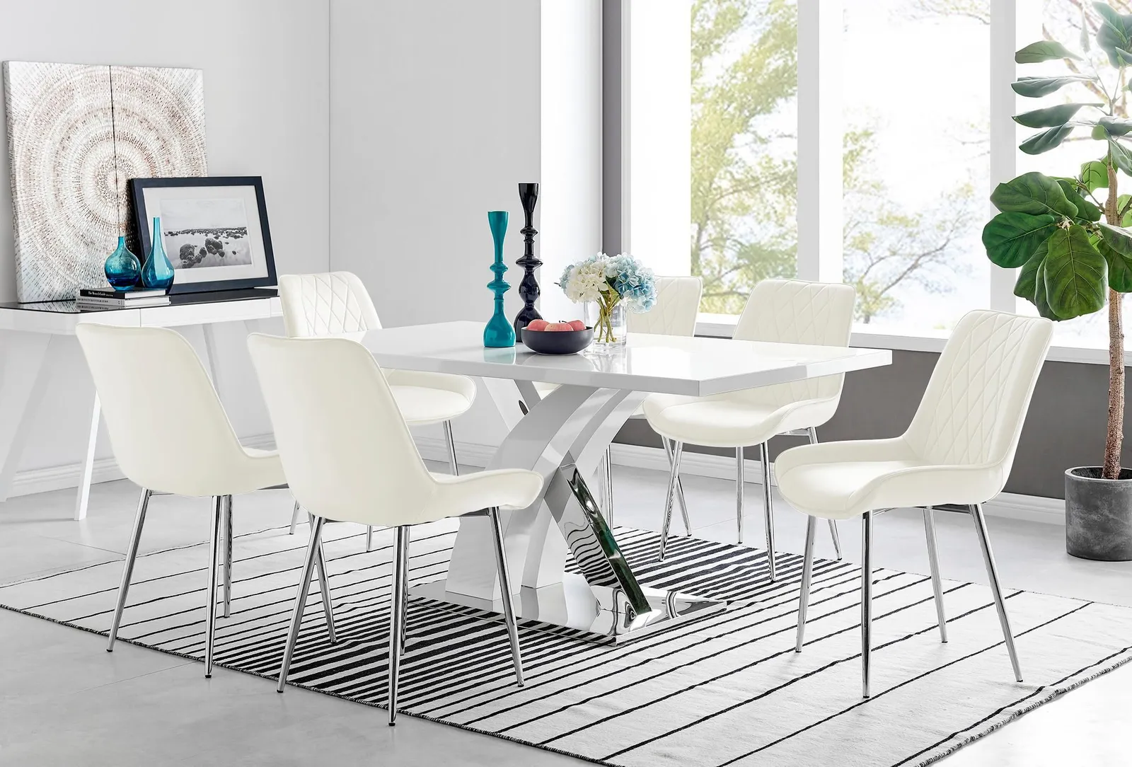 FurnitureboxUK Atlanta 6 White Dining Table & 6 Pesaro Silver Leg Chairs in Cream 1