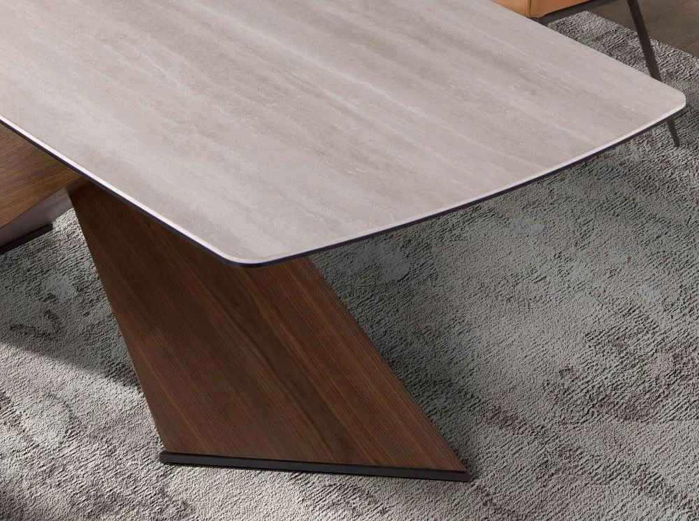 Angel Cerda Oval dining table with barrel-shaped porcelain marble & walnut top in Light Sand 5