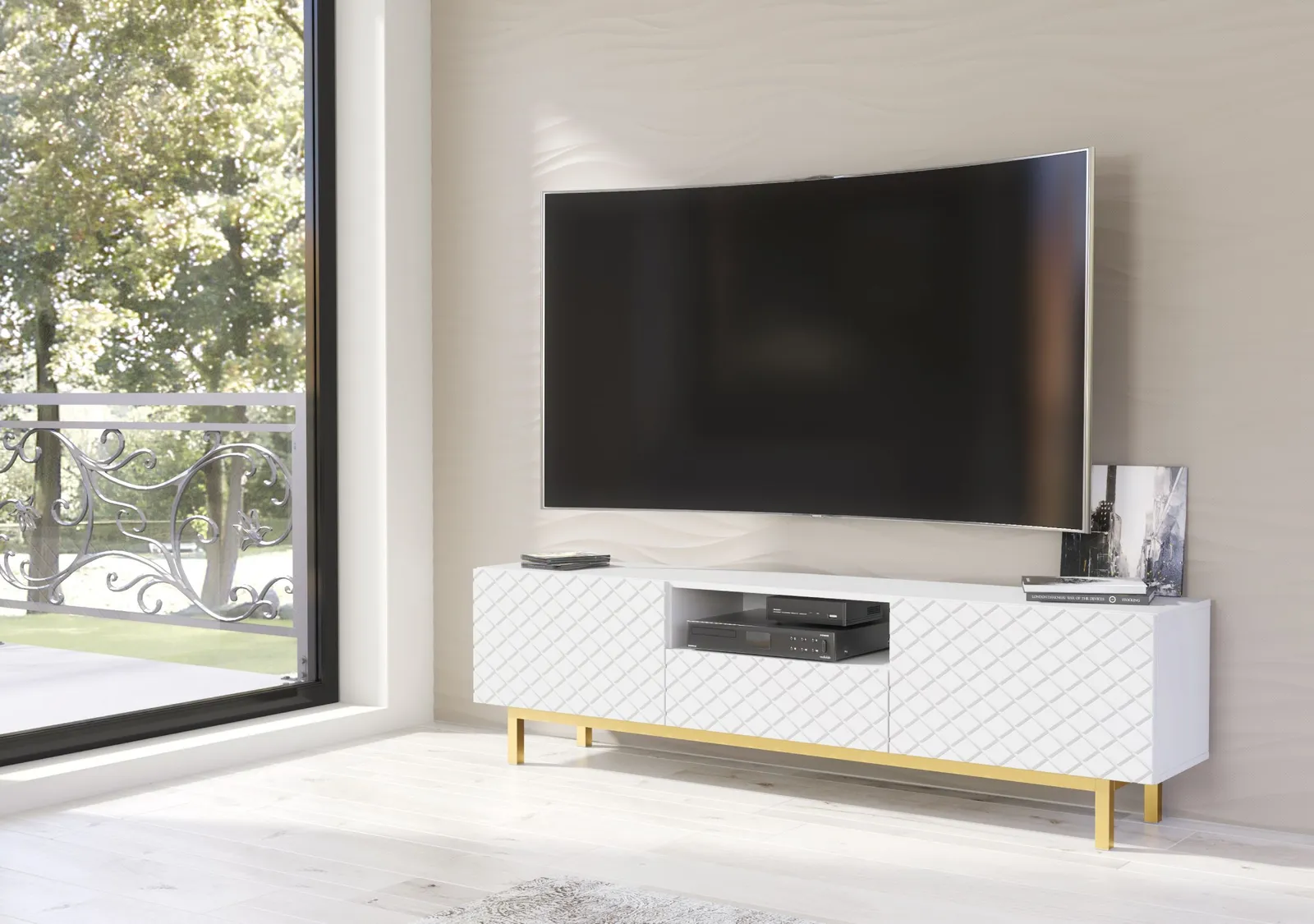 Creative Furniture Diamond Luxe TV Unit 180cm - Luxury Cabinet with Push to Open Storage in White 6