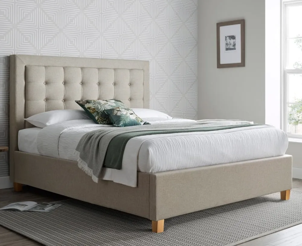 Brandon - Double Bed - Ottoman Storage - Neutral Oatmeal - Fabric - 4ft6 - Happy Beds